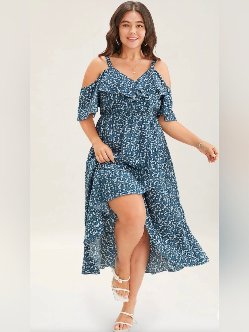 bloom Blue Floral Cold-Shoulder Maxi Dress